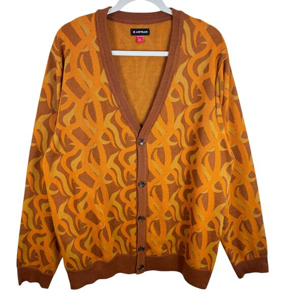 Airwalk Brown Orange Patterned V-Neck Button Up Grandpa Cardigan Sweater Mens 3X - Picture 2 of 6
